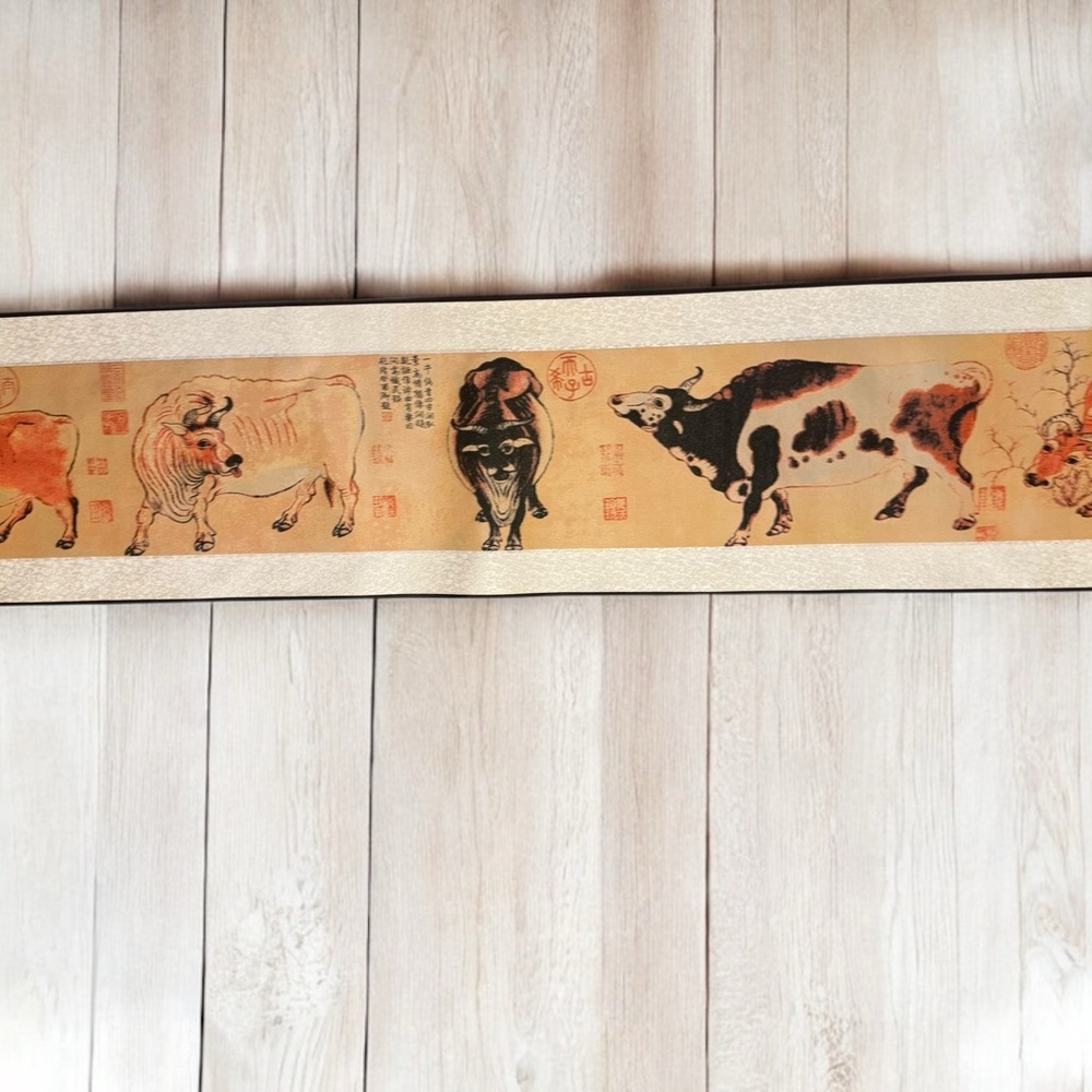 Chinese Silk Embroidery Scroll Five Oxen.